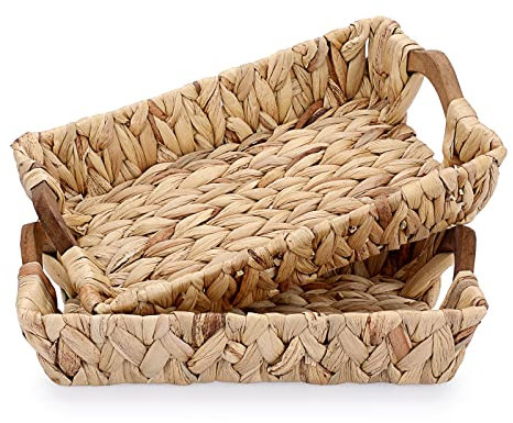 TOLIDA Cesta de Mimbre-2 Piezas Bandeja Rectangular 30x20CM Tejida a Mano con Asas de Madera Cesta de Almacenamiento de Jacinto de Agua para Frutas Pan Libros Toalla Toallas de papel