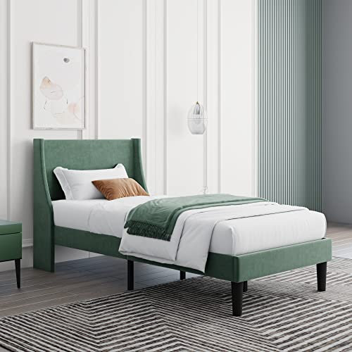 Merax Single Bed Frame 3FT Upholstered Bed with Winged Headboard, Wood Slat Support, Strong Comfortable Single Bed, Bedroom Furniture, Soft Velvet Green
