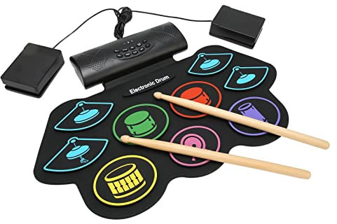 Elektronisches Schlagzeug Set, 9 Drum Portable Roll Up Drum Practice Pad Eingebauter Lautsprecher, Drum Sticks und Pedale, Unterstützung der Multifunktions USB MIDI