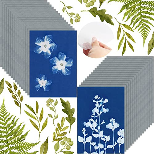 Cyanotype Papier-Set, Sonnendruckpapier, 32 Blatt, Sonnenkunstpapier mit Kunststoff-Werkzeug für Sonnendruck, A5 lichtempfindliches Solar-Fotografie-Papier-Set für Kinder, DIY-Handwerk (14.7x21.1 cm)