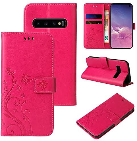 LBH Handy Hülle für Samsung Galaxy S10 Case Handytasche Schmetterling Blumen Flower Standfunktion Schutzhülle Magnet Rundum Schutz 360 Grad Flipcase Cover Pink