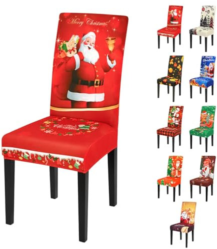 Yugarlibi Weihnachten Stretch Stuhlhussen 4er/6er Set Stuhlbezug Schwingstuhl Universal Elastische Hussen Xmas Waschbare Stühle Schutz für Esszimmer Hotel Party (6 Stück, Weihnachtsmann & Elch)