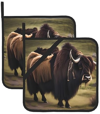 Mighty Highland Yak Multifunktionales hitzebeständiges Topflappen-Set (2 Stück) – Mikrowellen-Handschuhe, Ofenhandschuhe, wasserdichtes Polyestergewebe
