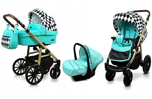 BabyLux® Bambimo Kinderwagen Set 3 in 1 - Aspero - incl. Babywanne, Buggy Sportsitz, Auto-Babyschale - Autositz - Kinderwagenset - Kombikinderwagen mit Wickeltasche, Regenschutz usw.