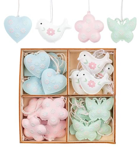 Valery Madelyn 24x Dekoaufhänger, 4cm Frühling Dekohänger aus Metall zum Aufhängen, Schmetterlinge, Blumen, Vögel und Herzformen Anfhänger für Frühling Deko