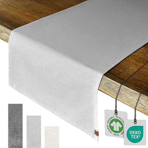 MIQIO® Design Tischläufer aus 100% Bio-Baumwolle - Moderne Tischdekoration für jeden Esstisch - Ökotex und GOTS Zertifiziert - Tischband - Tischtuch - (40 x 150 cm) - hellgrau