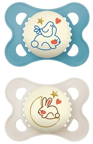 MAM Original Night Succhietto 2-6 Mesi (Set da 2), Ciuccio MAM 2-6 mesi che si illumina al buio con tettarella in silicone, Kit da 2 accessori neonato con porta ciuccio sterilizzatore, Verde/Neutro