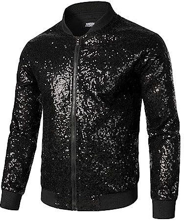 JOGAL Herren Metallic Pailletten Jacke 70er Baseball Bomberjacke Disco Nachtklub Party Kostüm Schwarz X-Large