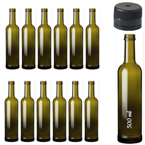 ESENCIA ANDALUSI Botellas vacías, 500 ml Bordo Eco, Botella de Vino Botella de Licor Botella de Aceite Botella cerveza, Cristal, tapón, Botella Vidrio. Botella para rellenar (12)