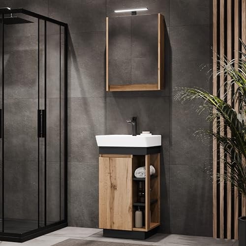 Planetmöbel Nyx Badmöbel Set 2-teilig Waschtisch mit Unterschrank 45 x 85,9 x 42 cm Wotan Eiche/Anthrazit inkl. Spiegelschrank 50 x 65 x 11,4 cm mit LED Aufbauleuchte