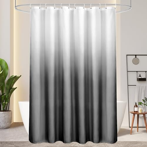 AooHome Duschvorhang 180X190cm Textil, Grau Duschvorhänge 120g/m² Farbverlauf Badvorhang Wasserdicht Waschbar Antischimmel mit 12 Duschvorhangringen(Weiß nach Schwarz)