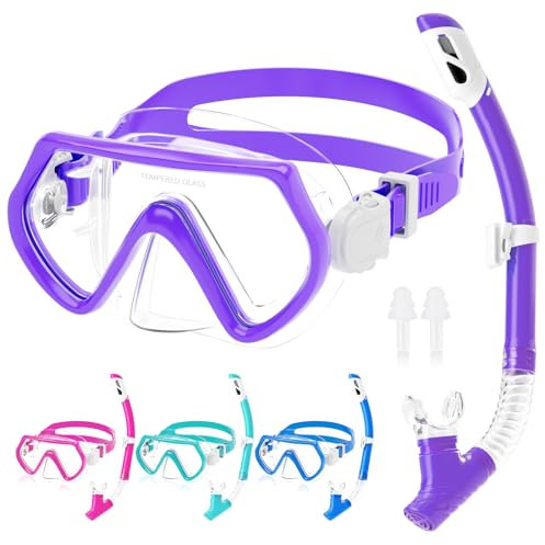 Taucherbrille Kinder,Schwimmbrille mit Nasenschutz für Jungen Mädchen,180° Panorama Schnorchelmaske Set mit Verstellbares Silikonband,Anti-Leck Tauchmaske Kinder für 4-12 Jahre