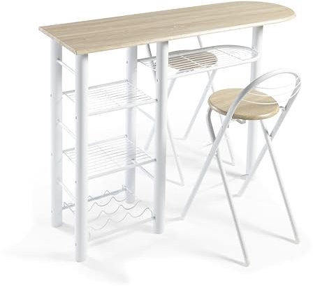 DUPI Conjunto Mesa de Cocina Bar | Estructura Metálica | Tabla de Madera con 4 Estantes | 2 Taburetes Plegables, 120 x 40 x 87 cm, Madera (Taupe)