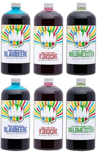 Rainbow Slush Sirup AZO FREI | 6x1 Liter Flasche | Konzentrat für Slushy Maker Eis Slushmaschinen Eismaschinen Getränke 1:5 bis 1:20 (2xBlaubeer/2xKirsche/2xWaldmeister)