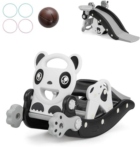 GOPLUS 5 in 1 Kinder Rutsche, Schaukelpferd & Rutschbahn Set mit Basketballkorb & Ball, Ringwurfspiel, Kinderrutsche für Indoor & Outdoor, Spielplatz für Kinder von 1-5 Jahren