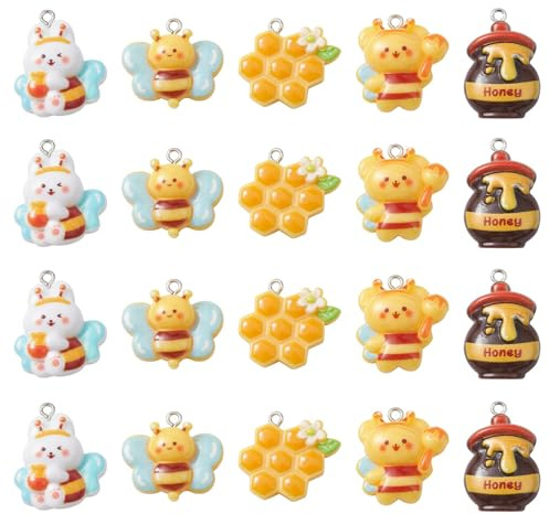 Stiesy 20Pcs 5 Styles Resin Bee Charms Cute Animal Pendant Charm Yellow Honey Pot Dangle Charms for Jewellry Making DIY Bracelet Crafting Ornaments