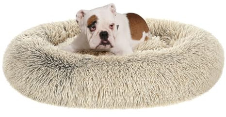 Feandrea Hundebett flauschig, Katzenbett, Donut Kissen, waschbar, Polsterung in der Mitte herausnehmbar, Langer Plüsch, 90 cm Durchmesser, Ombré-Khaki PGW041S01