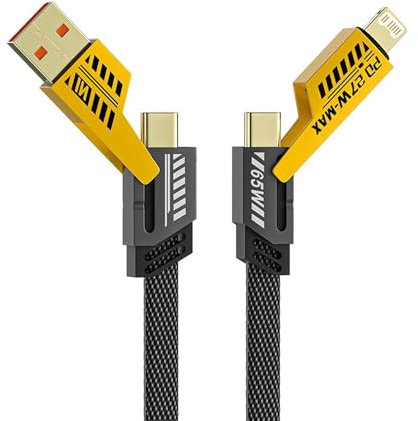 Multi USB Charger Cable：4-in-1 USB C Cable 65W [Fast Charging & Data Sync] Flat Braided Anti-Tangle iPhone Charger Cord with Multi Charging Lead Combo Type C/USB A Ports