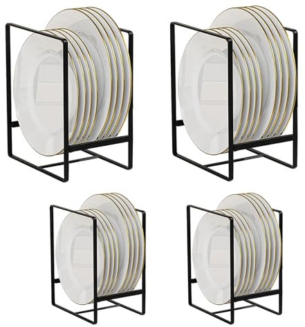 TUAKIMCE 4 Pack Plate Storage Rack, Plate Holders Organizers, Vertical Plate Dish Organizers Drying Racks Drainer, Cabinet Dish Drying Rack Metal Stands for Countertop and Cupboard Black