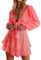 PHENHU Vestito da Donna Abito Corto Casual con Scollo a V Profondo a Maniche Lunghe con Nodo sul Davanti (IT, Testo, L, Regular, Regular, Rosa)