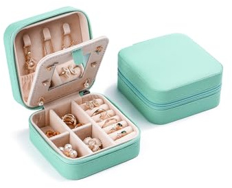 CASEGRACE Reise-Schmucketui, kleine Schmuckschatulle mit Spiegel-Design, tragbarer Schmuck-Reise-Organizer, Aufbewahrungsbox für Ringe, Ohrringe, Halsketten, Armbänder, Geschenk für Frauen, Blau