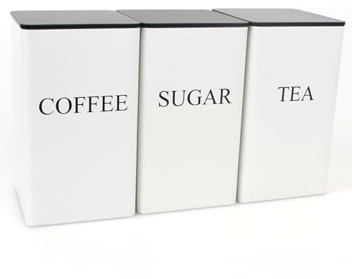 WUVCDI Tea Coffee Sugar Canisters, 1000ML 3 Piece of Metal Canister Storage Jar Container Set With Lid (Black-White)