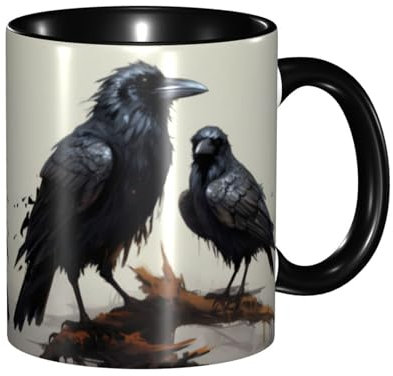 YYHHAOFA Tazza in ceramica nera adatta per cappuccino, latte, cereali, yogurt, latte, bevande calde o fredde, forno a microonde con stampa di uccelli e corvi