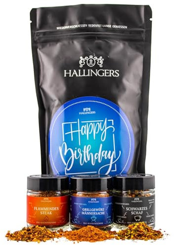 Hallingers Happy Birthday Blue - Geburtstag Wundertüte Geschenkset Steakgewürz, Grillgewürz Männersache & Schwarzes Schaf (Bag) - Geschenkideen Weihnachten & Geschenke Adventskalender | Geburtstag Glü