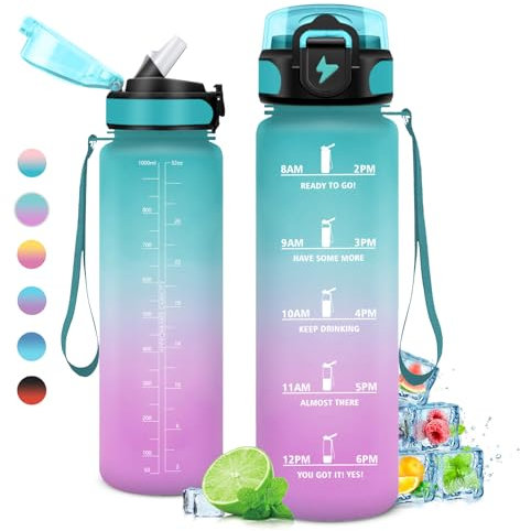 Borraccia 1L, Borraccia con Orari per Bere, senza BPA, Borraccia Sportiva a Prova di Perdite, Bottiglia Acqua con Cannuccia per Adulto, Bambini, Palestra, Lavoro, Bici, Escursionismo, Ciclismo