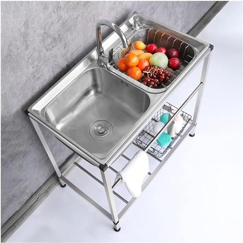Lavello da cucina autoportante con 2 vasche con rubinetti freddi e caldi, in acciaio inox, con ripiani per lavanderia, bagno, fattoria