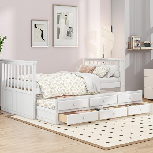 Dolamaní Modernes Bett mit 3 Schubkästen und Praktisches Gästebett 90x200cm(90x190cm), Ausziehbett Jugendzimmer Kojenbett in Weiß