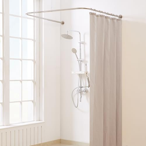 Yampos U Form Duschvorhangstange, Einstellbare [Beide Seiten: 60 cm - 132 cm, Mitte: 76 cm - 117 cm] Badewanne Duschstange Außenduschstange für Badezimmer mit 12-Haken für Deckenunterstützung