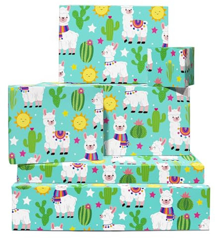 Lama-Geschenkpapier – 6 Blatt grünes Geschenkpapier mit Anhängern – Kaktus, Sonne, Stern – Geschenkpapier für Kinder – mit Aufklebern – recycelbar – von Central 23