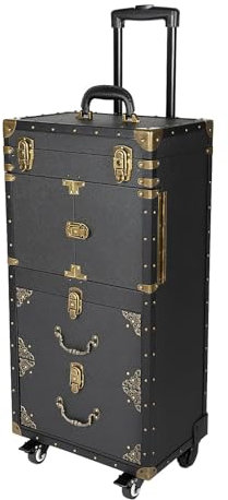 Kosmetikkoffer Trolley 4 Ebenen Schminkkoffer Trolley Koffer mit 2 Schloss Schubladen Retro Make Up Koffer Groß Friseurkoffer 39 x25.5 x 82 cm