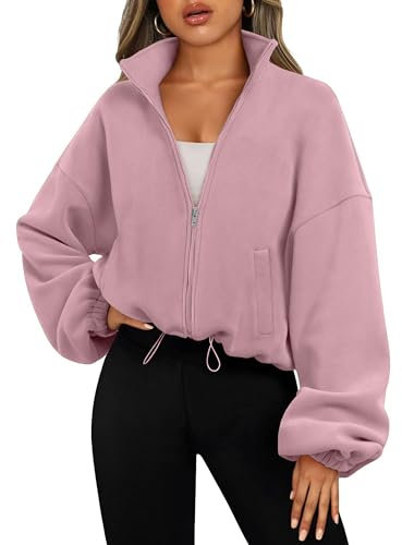 Timuspo Pullover mit Reißverschluss Damen Stehkragen Dicke Fleecejacke Lange Ärmel Sweatshirt Ohne Kapuze Herbst Kurze Jacke Hellviolett M