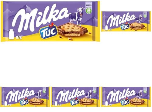 Milka TUC Cracker 1 x 87g I Alpenmilch-Schokolade I mit Mini-Salzcrackern I Milka Schokolade aus 100% Alpenmilch I Tafelschokolade (Packung mit 5)