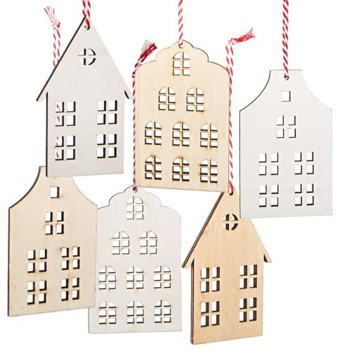 Logbuch-Verlag 6 case in legno da appendere, ciondolo pasquale naturale, bianco, decorazione per la casa, 6 x 9,5 cm