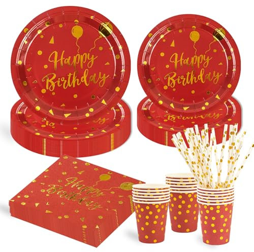 Lot de 125 assiettes Rouge et doré en carton décoration d'anniversaire pour 25 invités les Fêtes, Mariages, Fêtes de Remise des Diplômes, Assiettes de Fête