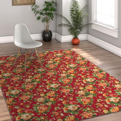 Via Vela Komplizierter Teppich mit Blumenmotiv 80x150cm - lebendiges klassisches Blumendesign Brillante Töne blühendes Blumenmuster niedrigfloriger dünner Teppich für das Büro