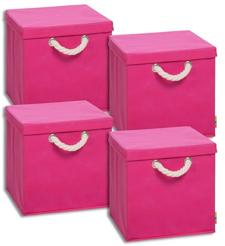 Storanda | 4er Set Aufbewahrungsbox mit Deckel | Kordel Griffband | Stabile & Faltbare Boxen | Regalboxen für Würfelregal Kallax | Ideal für Zuhause & Kinderzimmer | 31x31x30 cm | Pink