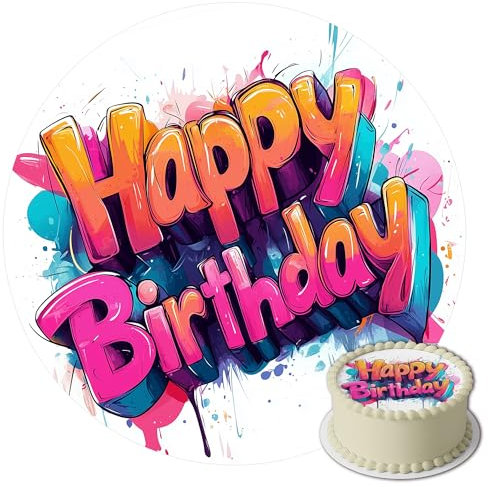 J&M DECO Tortenaufleger Happy Birthday – essbare Kuchendeko Ø 20 cm – bunte Tortendekoration für Geburtstagstorte – Zuckerpapier Tortenbild – gebrauchsfertig – Made in EU