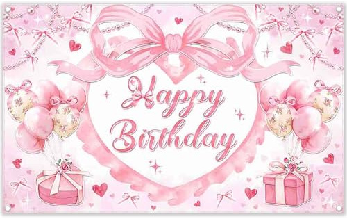Luminora 1,8 x 1,1 m Tissu Coquette Nœud Rose Joyeux Anniversaire Toile de Fond Bachelorette Cadeau Baby Shower Fond Femmes Filles Décorations de Fête d'anniversaire Bannière Photo