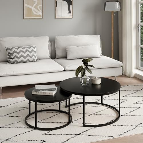 Couchtisch 2er Set rund aus Holz, Wohnzimmertisch Modern, Beistelltisch Set 2 in 1 mit Metallgestell für Wohnzimmer Büro Beistelltisch Loft Design Twin | Schwarz