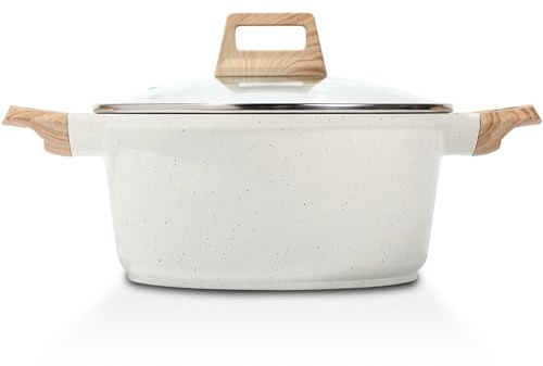 ESLITE LIFE Olla antiadherente con tapa, cacerola de granito de 7 cuartos de galón, olla grande para sopa y pasta, compatible con inducción, sin PTFE ni PFOA, color blanco