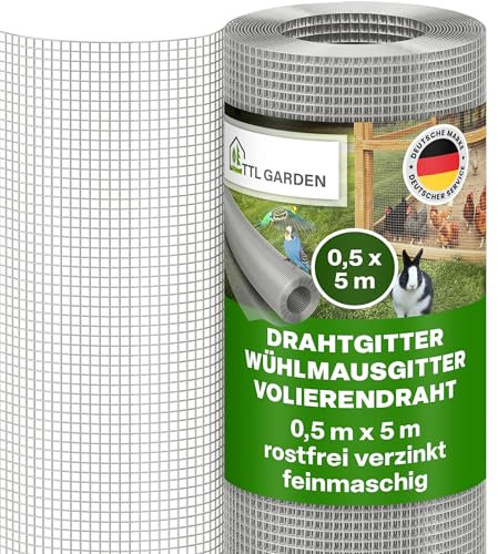 TTL GARDEN Grillage métallique 50 cm x 5 m - Maille fine inoxydable galvanisé 6,3 mm - Épaisseur du fil : 0,55 mm - Sur rouleau - Grillage pour volière, lapin, campagnol - 5 m x 0,5 m de large