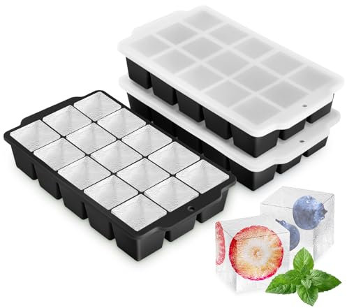 3 Pack Silicone Ice Cube Trays, Easy Release 45 Square Ice Trays for Cocktail Whisky, Stackable Ice Cube Maker for Freezer with Leak Proof Removable Lid