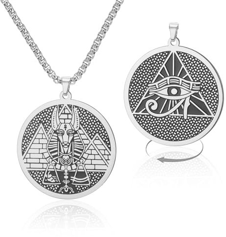 VASSAGO Ägyptische Mythologie-Halskette, Edelstahl Anubis-Auge des Horus Pyramiden-Medaillon Amulett Schutz ägyptischer Schmuck für Männer und Frauen (silber-box kette)