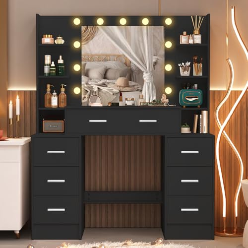 Saimeihome Schminktisch mit Beleuchtung und Spiegel, Schwarz Kosmetiktisch mit 7 Schubladen 8 Ablagefächern, Make-up Tisch für Schlafzimmer 110x40x140 cm