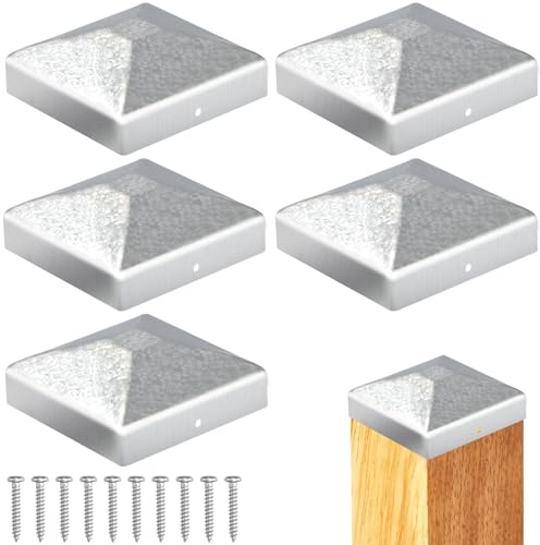 Sturiz 5 Stück Pfostenkappe 10x10cm Pfostenkappen Zaunpfosten Kappen Holzpfosten Bodenhülsen Zaun Abdeckkappen für Pfosten Pfostenabdeckung Metall Zaunkappen Quadratisch Zaunpfahlkappe mit Schrauben