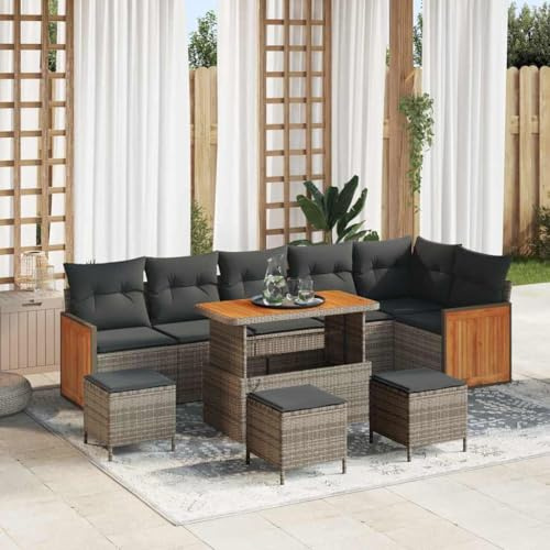 QJBSAVVA Gartensofa 10-Teilig Polyrattan Outdoor Lounge Set mit Stauraum 110x55x71 cm Graue Gartenlounge mit abnehmbaren Kissen für Terrasse Balkon Modernes Design Robust für Draußen